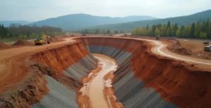 Vue aérienne d'un chantier de terrassement au Québec montrant différentes couches de sol, une excavatrice au travail et les Laurentides en arrière-plan