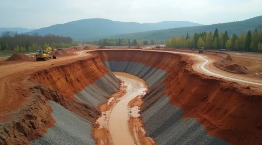Vue aérienne d'un chantier de terrassement au Québec montrant différentes couches de sol, une excavatrice au travail et les Laurentides en arrière-plan
