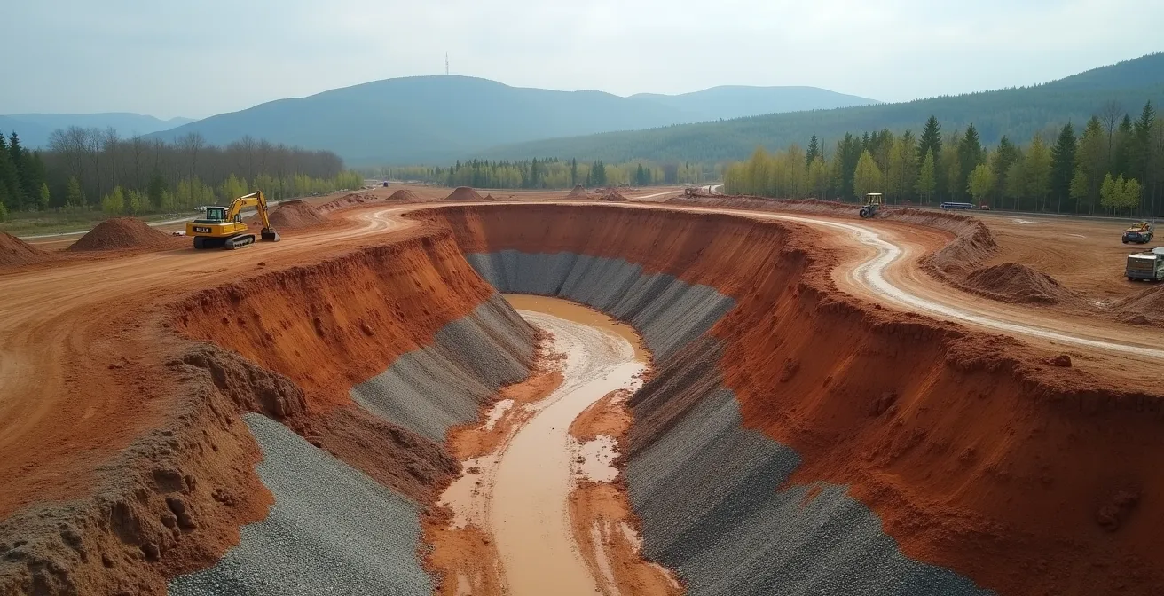 Vue aérienne d'un chantier de terrassement au Québec montrant différentes couches de sol, une excavatrice au travail et les Laurentides en arrière-plan