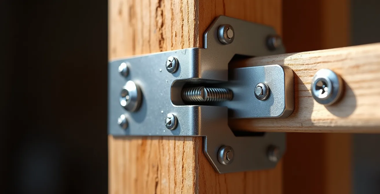 Détail rapproché d'assemblages de construction (vis, boulons, connecteurs métalliques) montrant techniques de démontage réversible, sans adhésifs chimiques