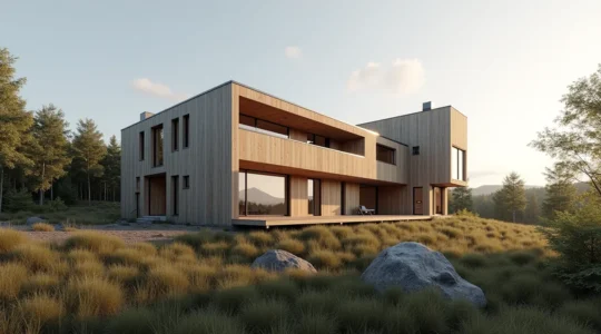 Vue aérienne d'un chantier de construction résidentiel au Québec avec phases de construction, exploitation et démantèlement visibles en succession