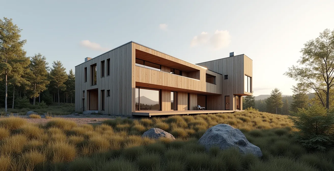 Vue aérienne d'un chantier de construction résidentiel au Québec avec phases de construction, exploitation et démantèlement visibles en succession