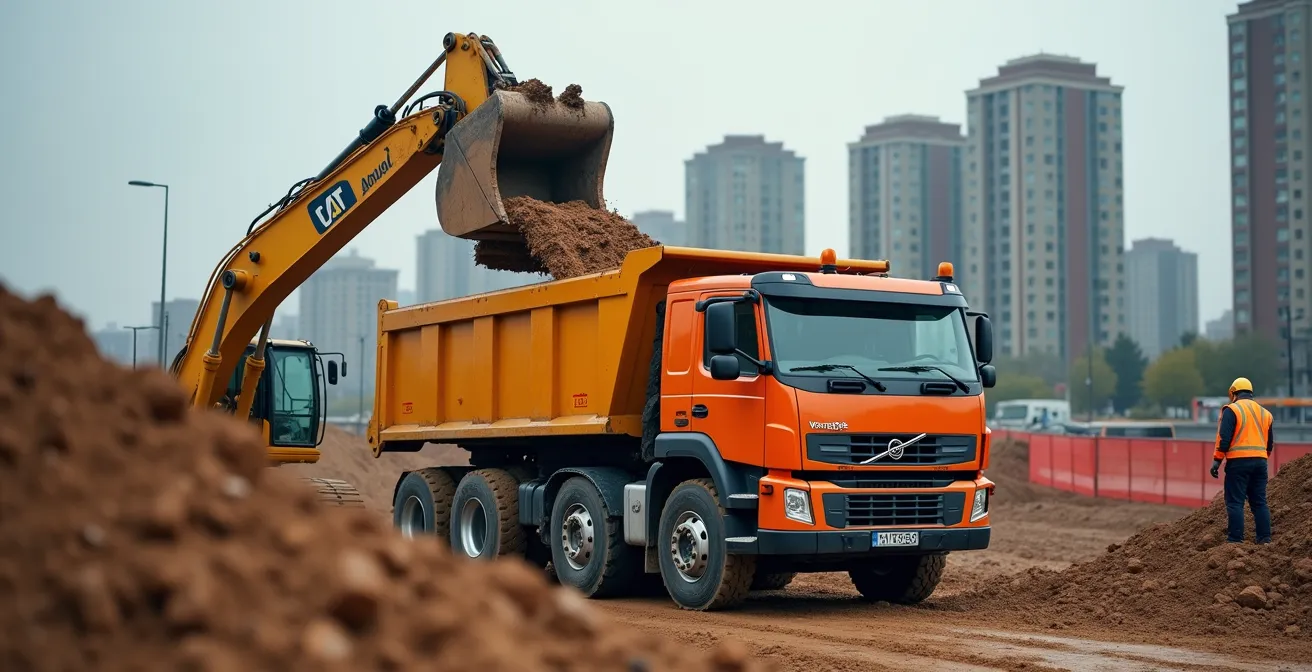 Camion de transport chargé de sols excavés sur un chantier de construction au Québec