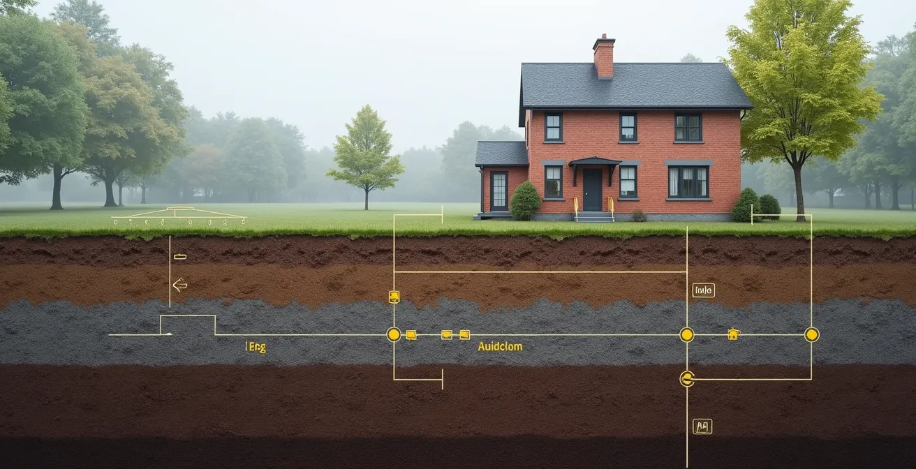 Système de capteurs de surveillance autour d'une excavation, montrant inclinomètres, piézomètres et inclinomètres mesurant les déplacements du sol près d'un bâtiment voisin