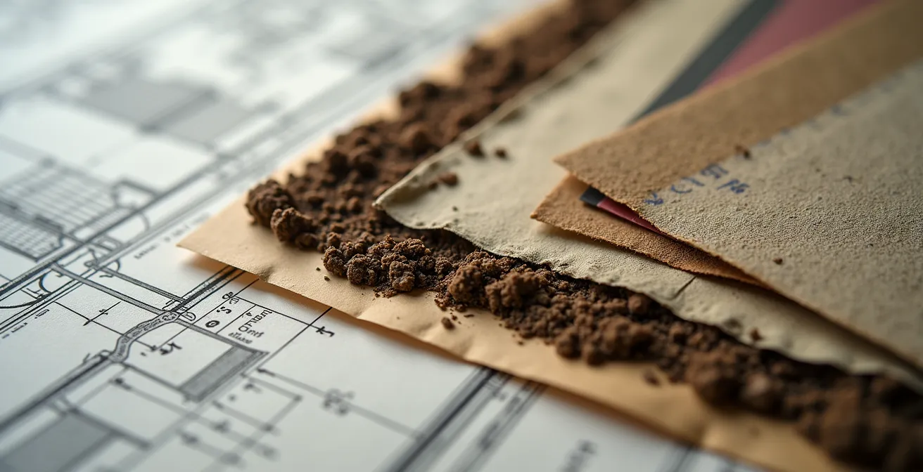 Document de suivi 'Carnet de Santé' montrant plans de drainage, photos de chantier, résultats d'inspection et historique d'entretien de fondation