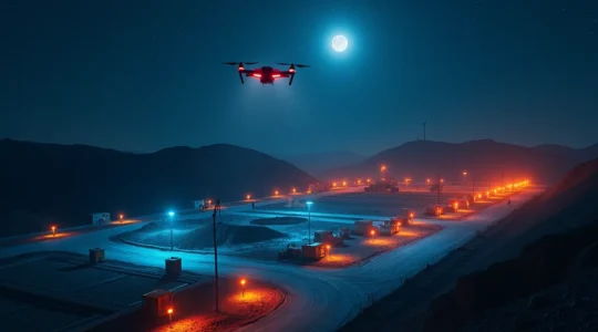 Chantier de construction moderne sous surveillance nocturne avec drones et caméras thermiques survolant le site