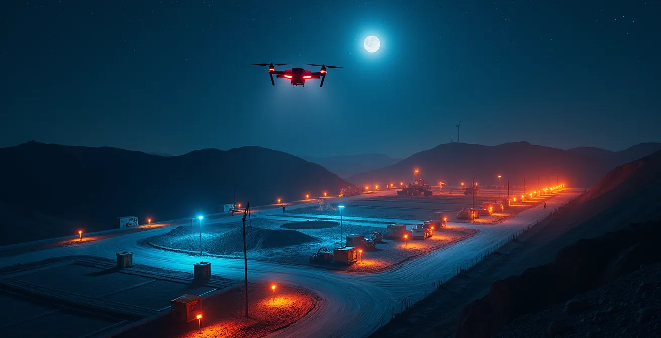 Chantier de construction moderne sous surveillance nocturne avec drones et caméras thermiques survolant le site