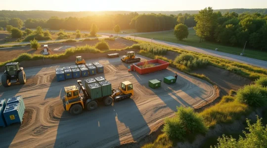 Vue d'ensemble d'un chantier de construction respectueux de l'environnement au Québec avec zones de biorétention, gestion des déchets triés, équipements écologiques et végétation native, symbolisant la transition vers une construction durable et circulaire.