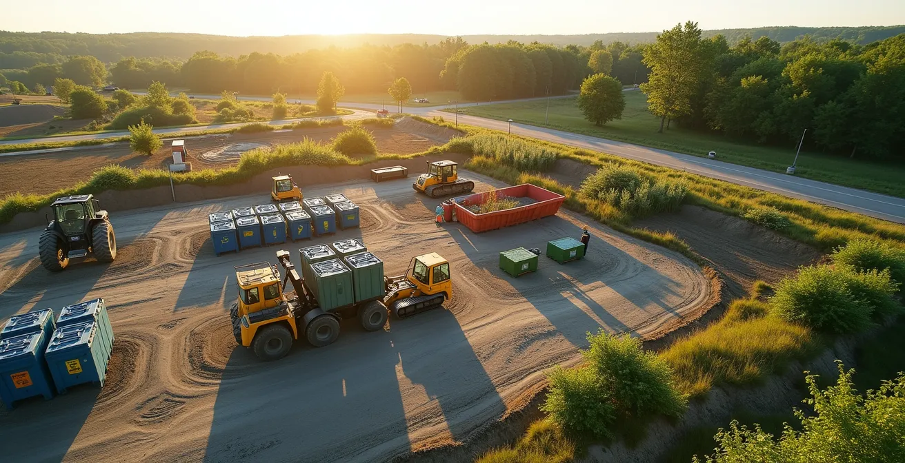 Vue d'ensemble d'un chantier de construction respectueux de l'environnement au Québec avec zones de biorétention, gestion des déchets triés, équipements écologiques et végétation native, symbolisant la transition vers une construction durable et circulaire.