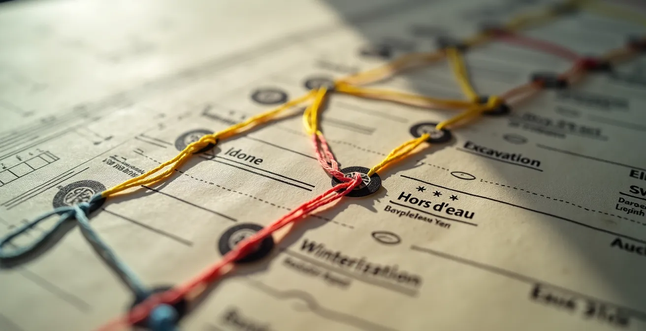 Diagramme de chemin critique en Gantt avec jalons colorés : excavation fondations printemps, charpente été, hors-eau hors-air avant automne, finitions avant gel hivernal, symboles visuels pour chaque étape.