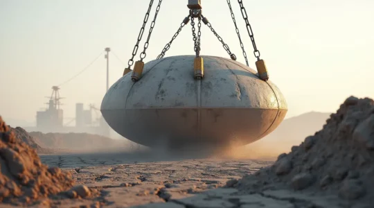 Photographie éditoriale d'une masse de 20 tonnes suspendue au-dessus d'un chantier de terrassement, montrant le compactage dynamique haute performance de sols argileux québécois.