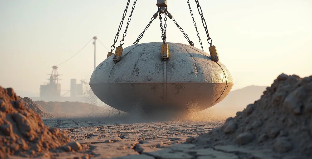 Photographie éditoriale d'une masse de 20 tonnes suspendue au-dessus d'un chantier de terrassement, montrant le compactage dynamique haute performance de sols argileux québécois.