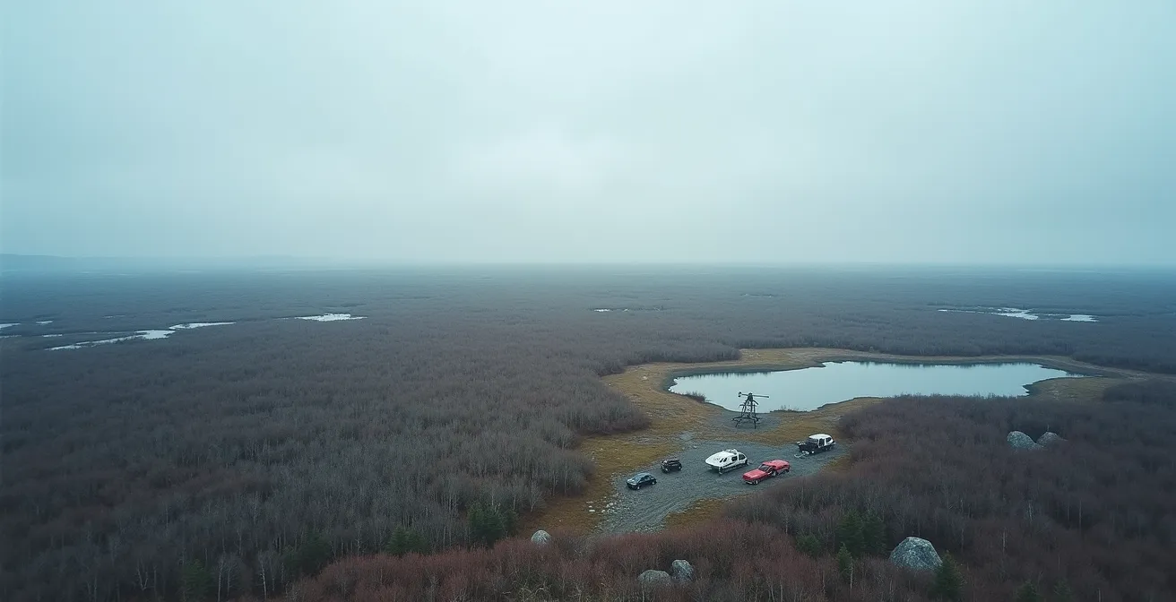 Photographie aérienne d'une zone de compactage isolée accessible uniquement par hélicoptère, montrant l'équipement déployé dans le Nord québécois.