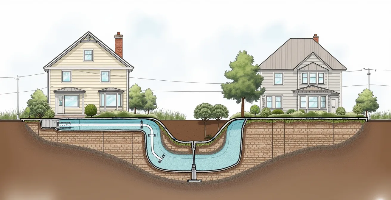 Coupe transversale d'une maison montrant trois systèmes de drainage: drain français traditionnel, puisard enterré, et fossé avec noue végétalisée