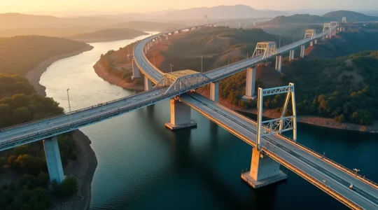 Vue aérienne d'une infrastructure de pont moderne en béton et acier traversant un fleuve, symbolisant la durabilité structurelle et l'ingénierie civile contemporaine.