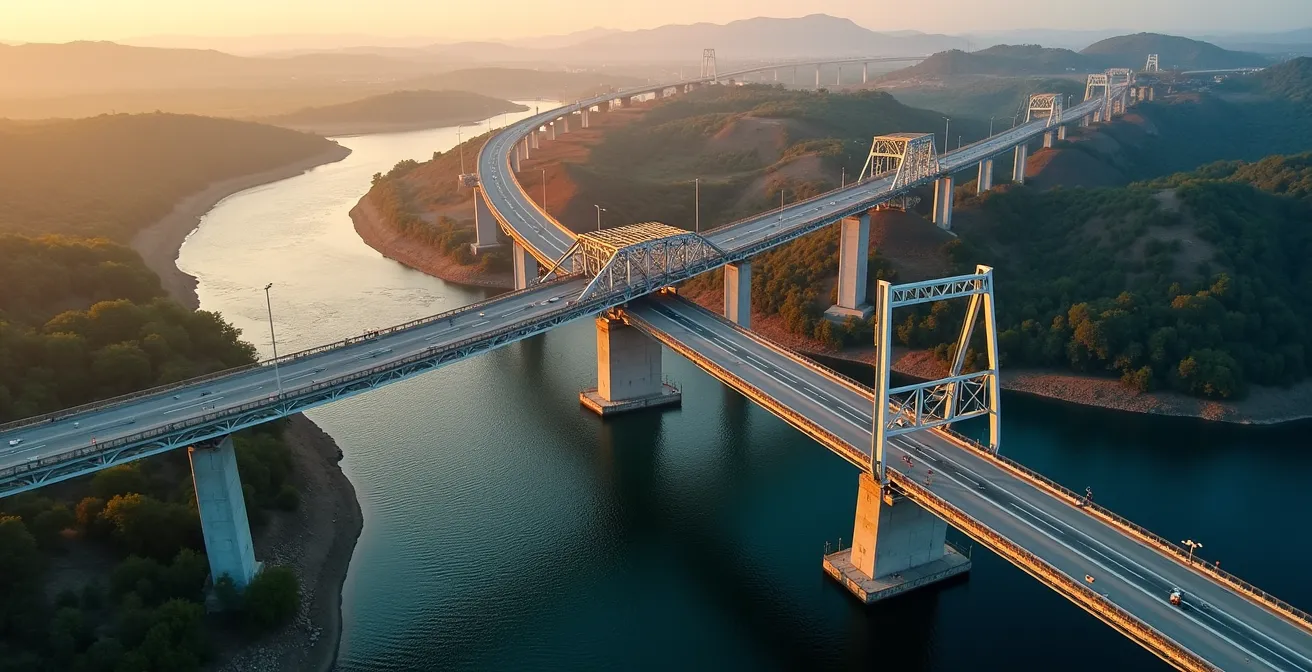 Vue aérienne d'une infrastructure de pont moderne en béton et acier traversant un fleuve, symbolisant la durabilité structurelle et l'ingénierie civile contemporaine.