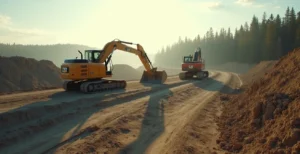 Vue aérienne d'un chantier de construction au Québec montrant les étapes d'excavation et de fondations sur un terrain accidenté avec équipement géotechnique