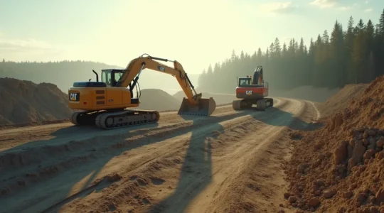 Vue aérienne d'un chantier de construction au Québec montrant les étapes d'excavation et de fondations sur un terrain accidenté avec équipement géotechnique