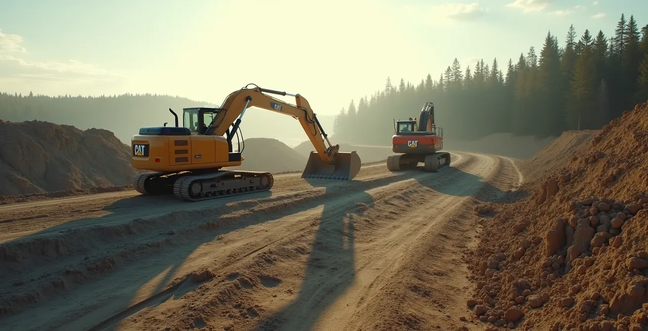 Vue aérienne d'un chantier de construction au Québec montrant les étapes d'excavation et de fondations sur un terrain accidenté avec équipement géotechnique
