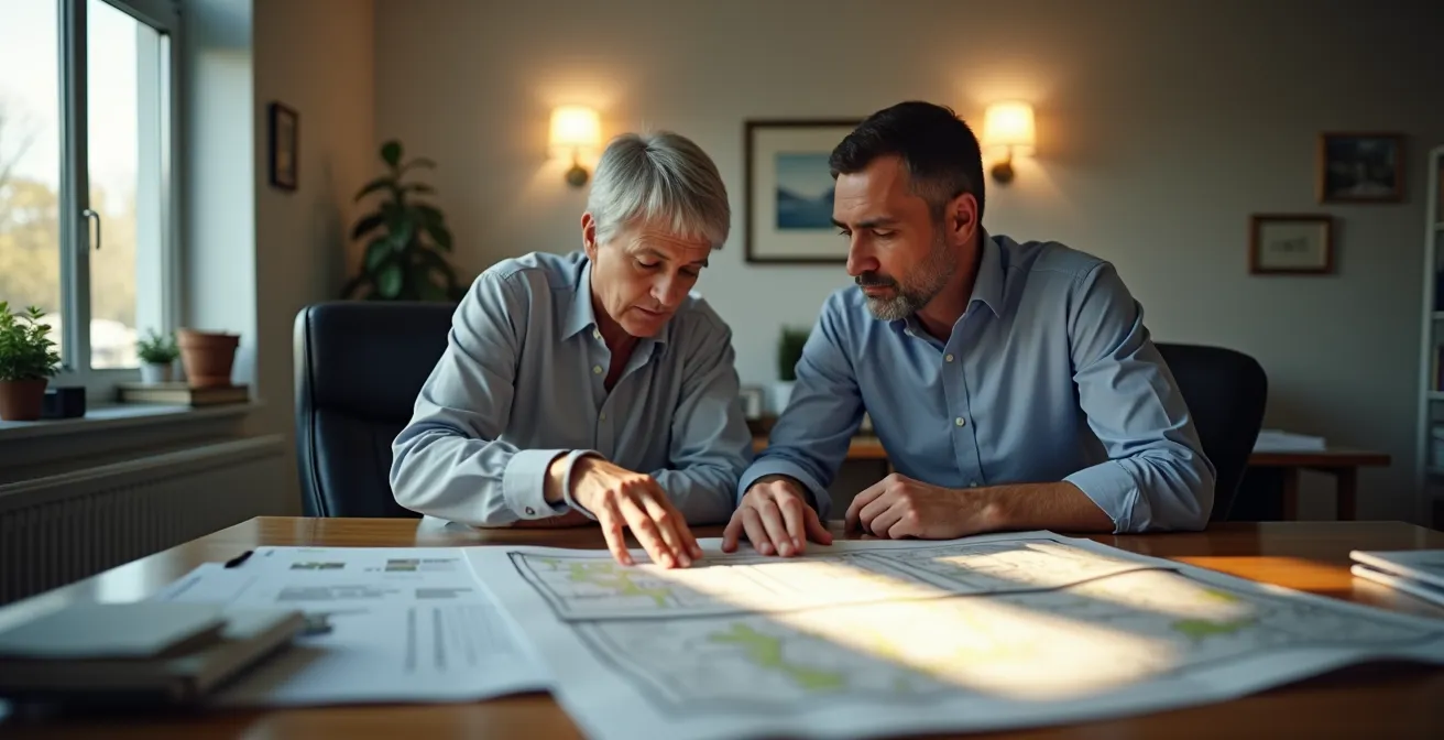 Rencontre professionnelle entre propriétaire et inspecteur municipal dans un bureau avec plans de terrassement