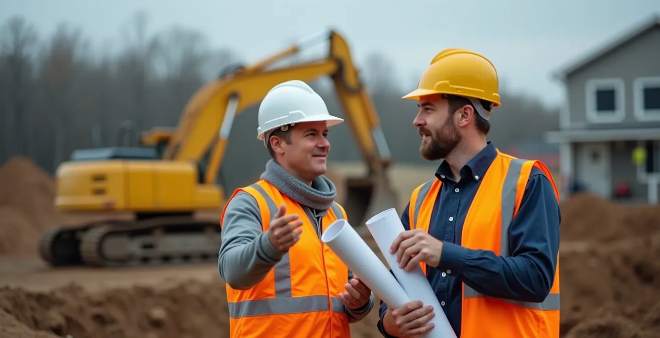Scène de chantier montrant la collaboration entre professionnels de la construction