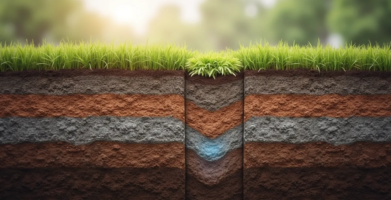 Coupe géologique illustrant les couches d'argile sensible de la mer de Champlain sous une maison québécoise, avec les profondeurs d'excavation et les niveaux de nappe phréatique