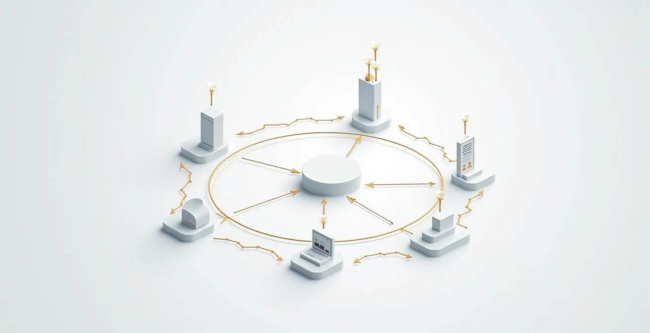 Un schéma montrant l'intégration harmonieuse d'un logiciel de planification central se connectant à des systèmes comptables québécois, des applications mobiles de chantier, et des plateformes de collaboration.