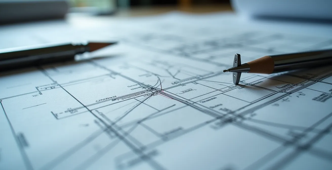 Détail rapproché de plans d'architecture mal alignés avec des notes de correction manuscrites, représentant les erreurs courantes de conformité aux règlements de construction du Québec