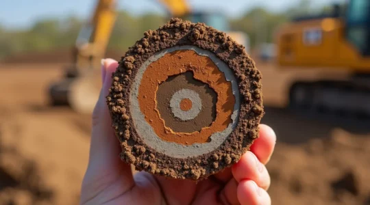 Vue rapprochée d'un échantillon de sol argileux prélevé lors d'une étude géotechnique, affichant des strates de couleur ocre et brun, dans un contexte de chantier de construction québécois