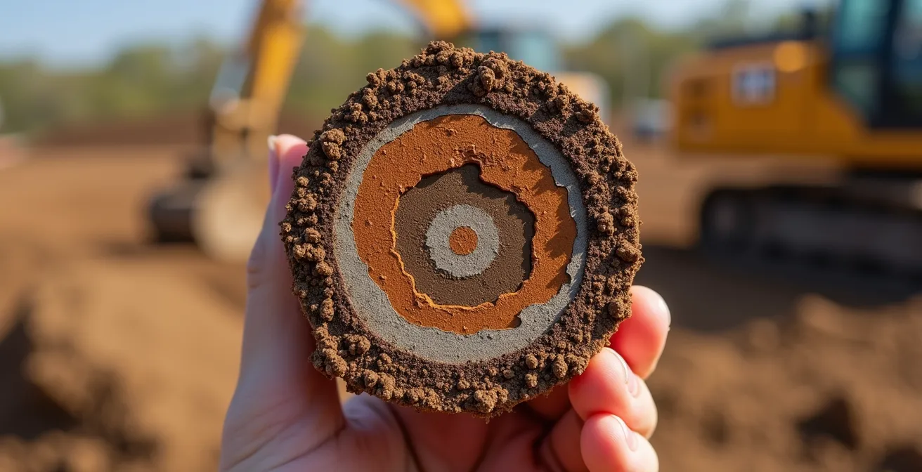 Vue rapprochée d'un échantillon de sol argileux prélevé lors d'une étude géotechnique, affichant des strates de couleur ocre et brun, dans un contexte de chantier de construction québécois