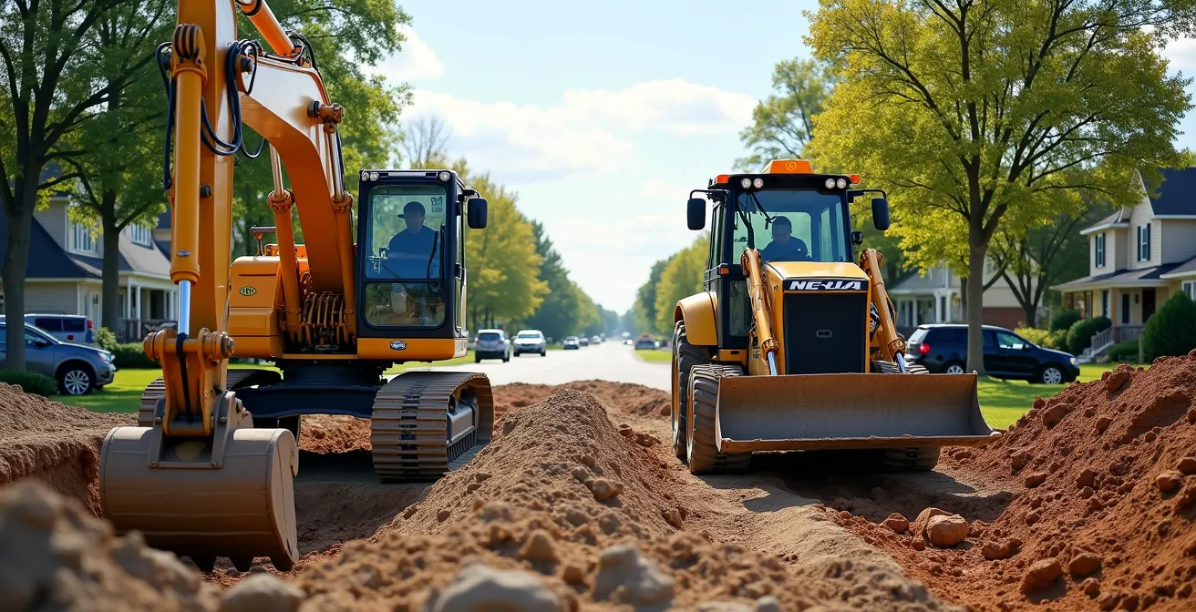 Deux machines côte à côte sur un chantier : une excavatrice (pelle mécanique) avec son bras long et son godet, et une tractopelle avec son chargeur avant et son rétro-bras, illustrant leurs différences morphologiques et leur complémentarité