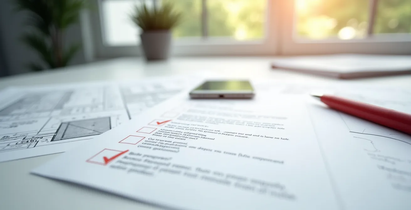 Gestionnaire en costume examinant une liste de contrôle détaillée avec stylo rouge, annotations de vérification, dossier avec documents officiels GCR, lumière professionnelle d'intérieur.