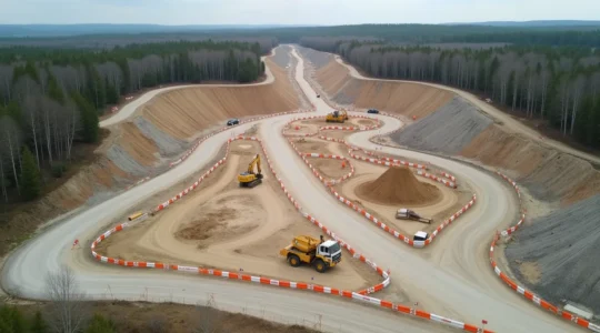 Vue aérienne d'un chantier de terrassement au Québec avec repères, zones balisées, et équipements de sécurité