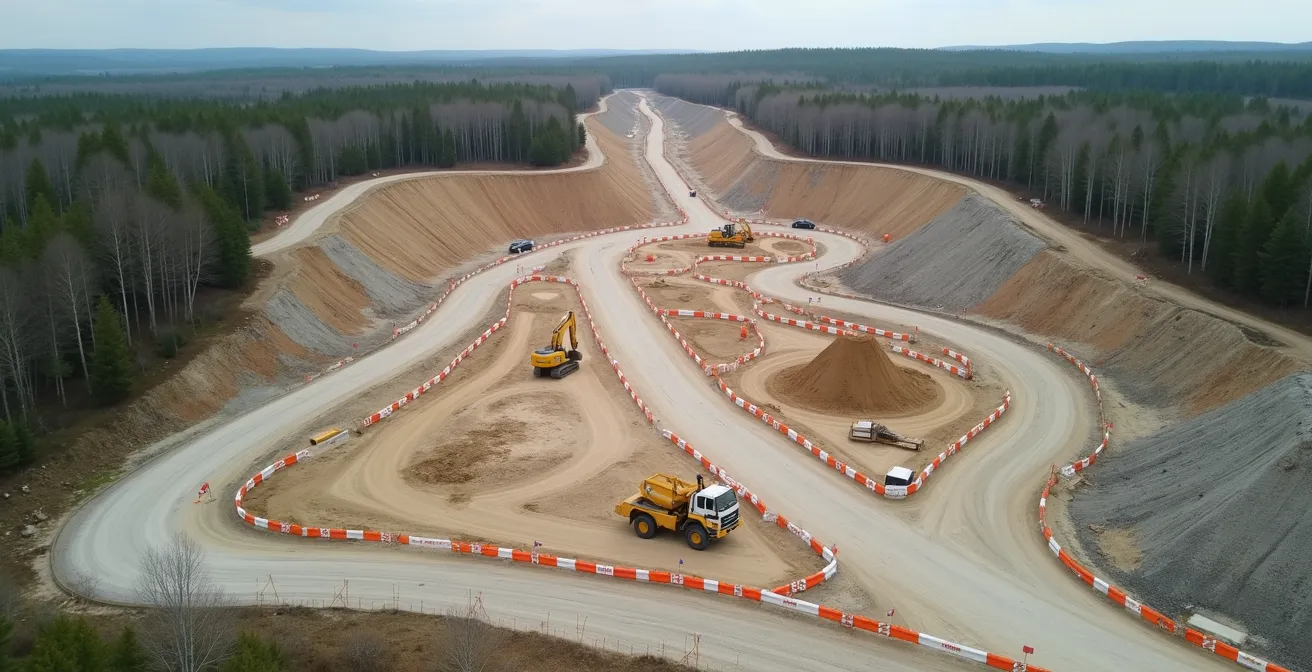 Vue aérienne d'un chantier de terrassement au Québec avec repères, zones balisées, et équipements de sécurité