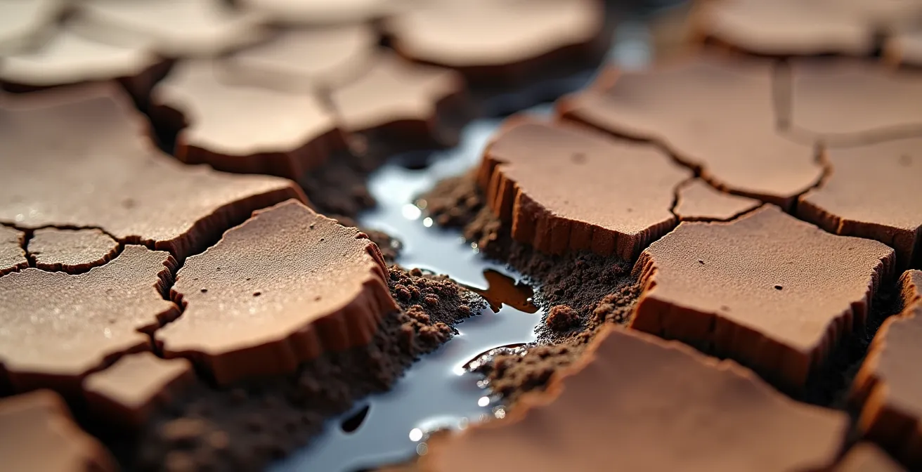 Vue rapprochée des fissures et crevasses observées sur une pente de terrain argileux du Québec, avec des gouttes d'eau percolant à travers les couches instables, symbolisant les signes avant-coureurs d'un glissement imminent.