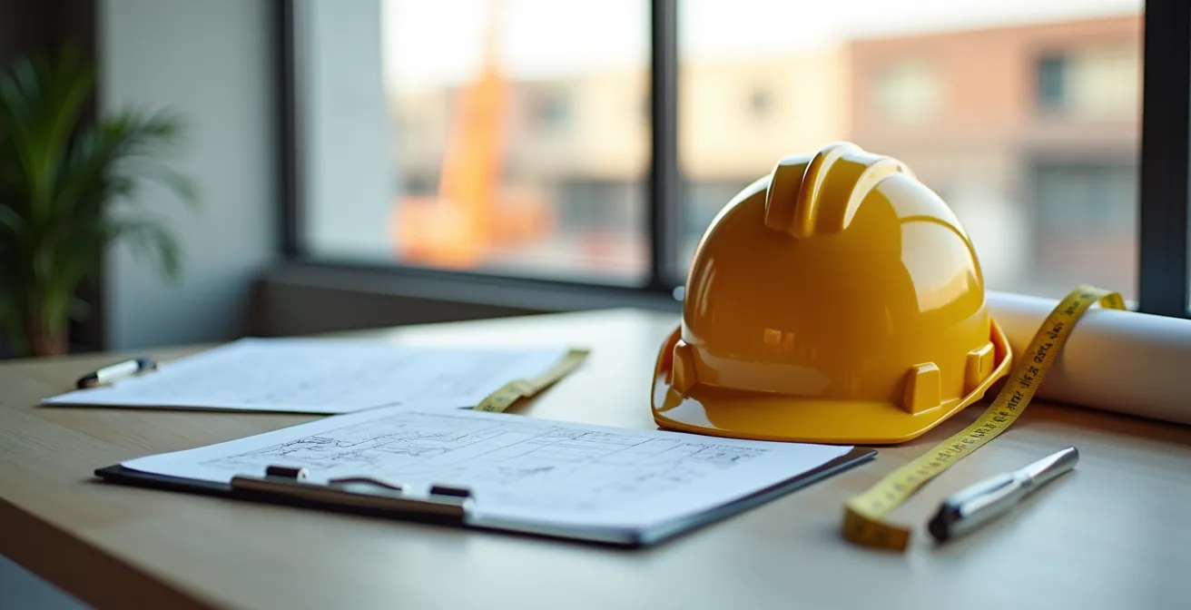 Vue d'ensemble minimaliste de documents de chantier et outils de mesure sur table de travail