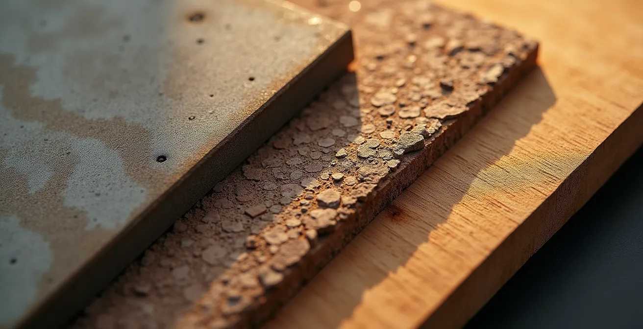 Tableau comparatif visualisé montrant les impacts de différents matériaux de construction (bois ontarien, acier recyclé Hamilton, béton bas-carbone Montréal) selon critères cycle de vie et climat