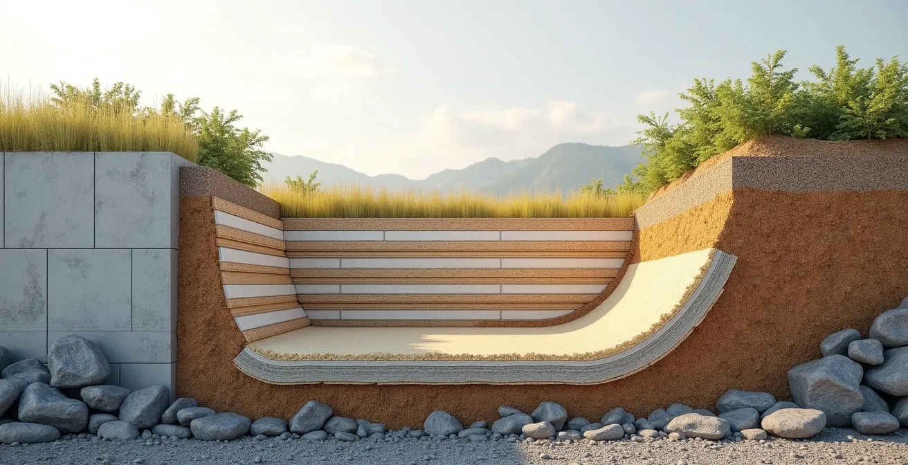 Coupe transversale d'un mur de soutènement en terre armée montrant les couches de géotextile blanc imbriquées dans le remblai compacté avec parement végétalisé à la surface