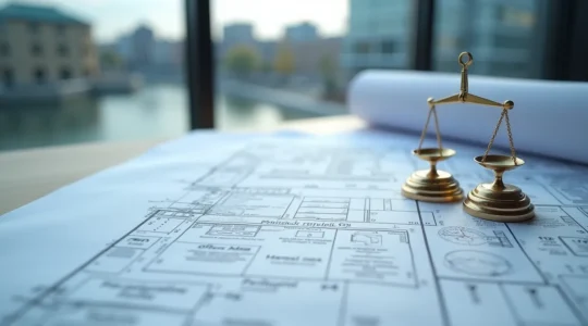 Illustration éditoriale montrant un permis de construction québécois sur un plan d'architecte avec des symboles de conformité et de réglementation