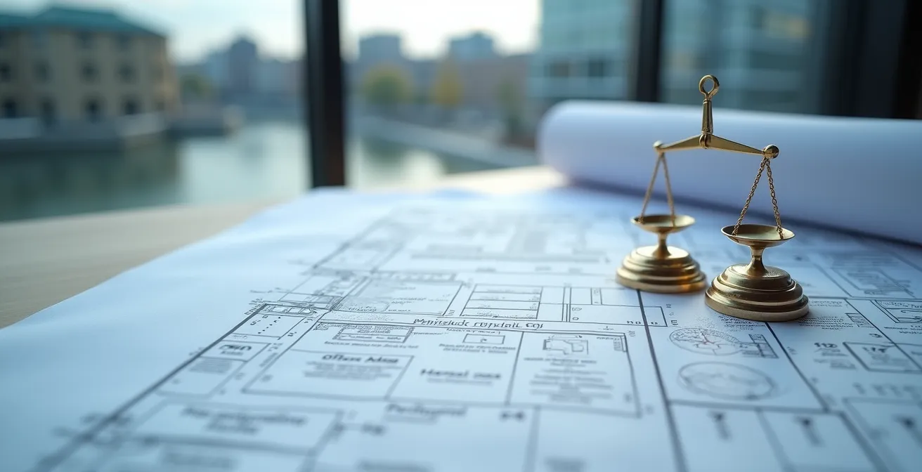 Illustration éditoriale montrant un permis de construction québécois sur un plan d'architecte avec des symboles de conformité et de réglementation