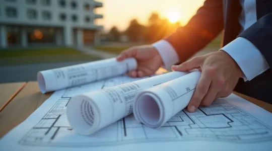 Une main d'architecte placée sur des plans d'implantation détaillés, symbole de précision et de stratégie administrative pour les projets de construction au Québec