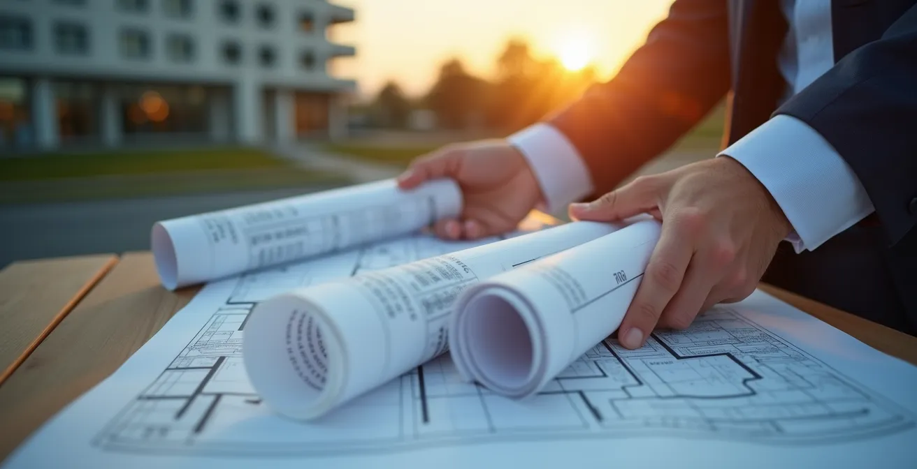 Une main d'architecte placée sur des plans d'implantation détaillés, symbole de précision et de stratégie administrative pour les projets de construction au Québec