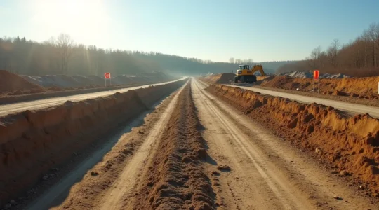 Photographie éditoriale montrant un terrain de construction québécois préparé avec équipement d'excavation, marqueurs de localisation, et marquages au sol pour délimiter les zones de travail.