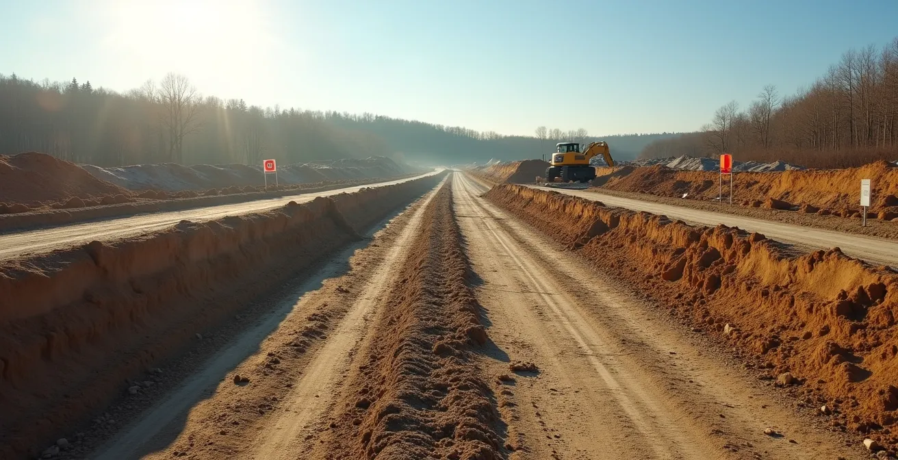 Photographie éditoriale montrant un terrain de construction québécois préparé avec équipement d'excavation, marqueurs de localisation, et marquages au sol pour délimiter les zones de travail.