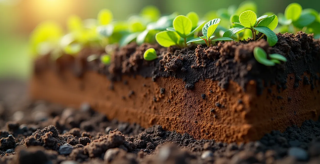 Gros plan détaillé sur la texture et les couches du sol québécois, montrant la terre végétale riche contrastant avec les couches de sol sous-jacent.