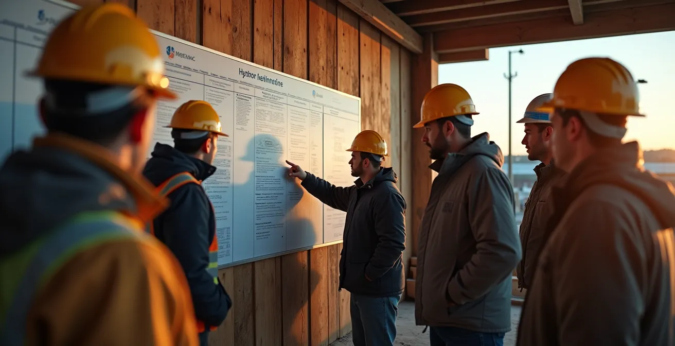 Une scène d'une réunion de chantier quotidienne où contremaîtres et équipes discutent autour d'un planning affiché, dans une atmosphère collaborative.