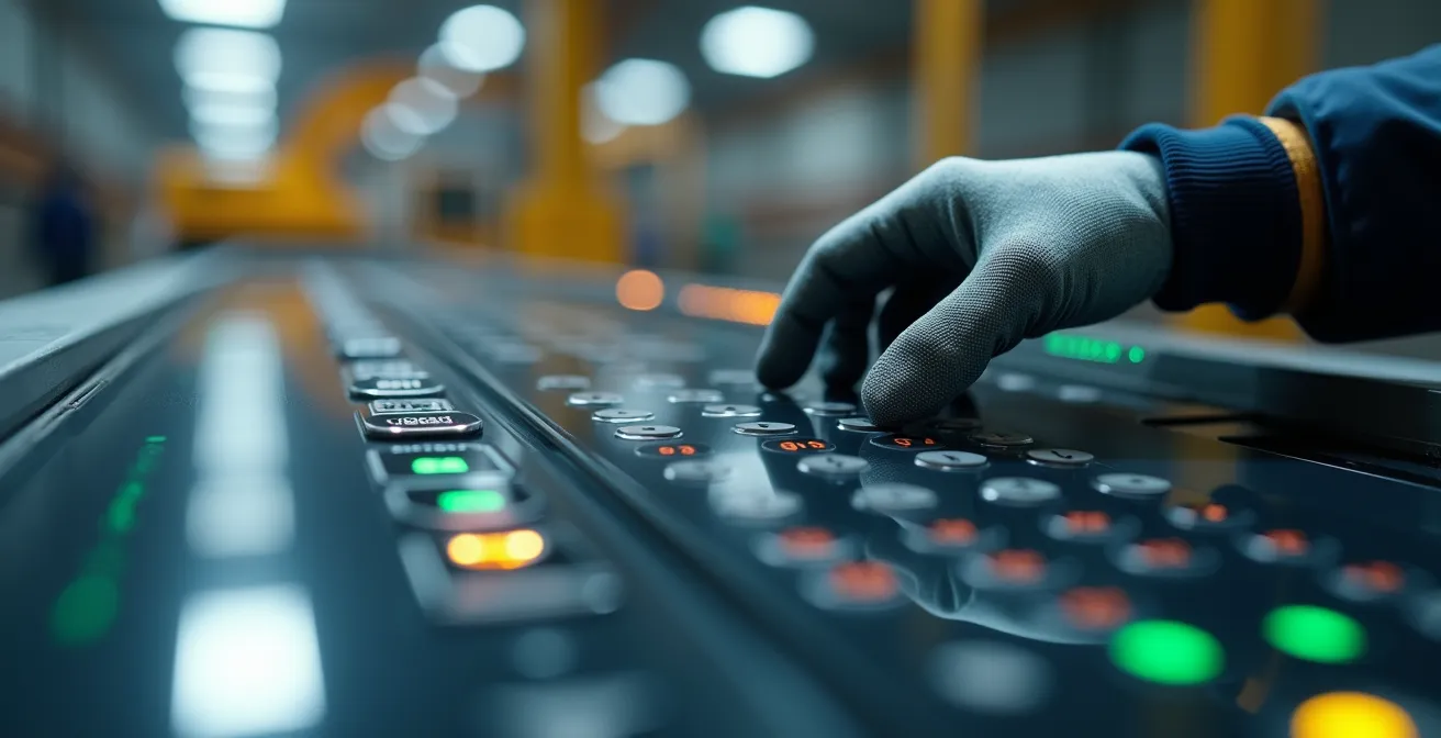 Détail macro d'une interface de contrôle numérique moderne sur un rouleau compacteur intelligent, affichant des données GPS et des métriques de rigidité.