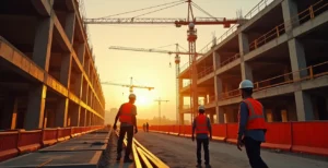 Construction site with safety equipment and workers in protective gear demonstrating construction safety as core performance driver