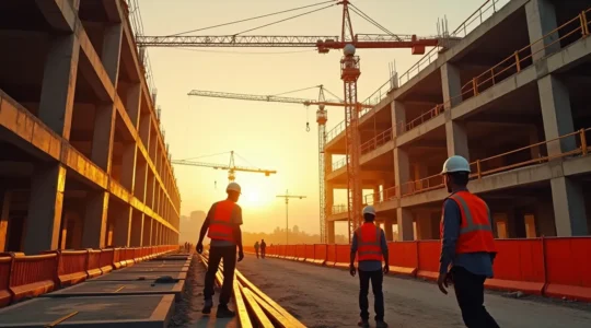 Construction site with safety equipment and workers in protective gear demonstrating construction safety as core performance driver