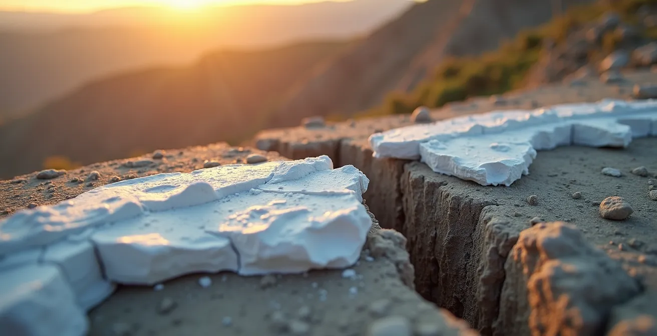 Close-up de plots de plâtre positionnés de part et d'autre d'une fissure de talus, avec date et graduations de mesure visibles, technique traditionnelle de monitoring.